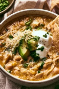 Delicious bowl of Instant Pot white chicken chili with toppings