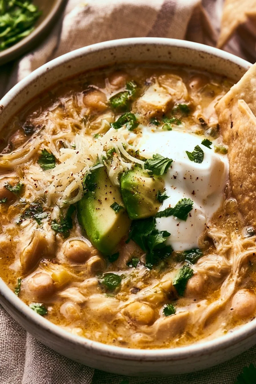 Delicious bowl of Instant Pot white chicken chili with toppings