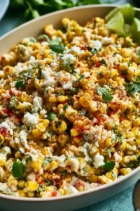 Delicious Mexican street corn salad in a bowl with fresh ingredients