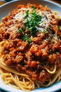Homemade Italian spaghetti sauce in a pot with fresh ingredients