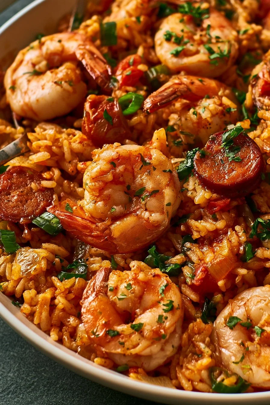 A delicious plate of Jambalaya featuring rice, shrimp, sausage, and vegetables.
