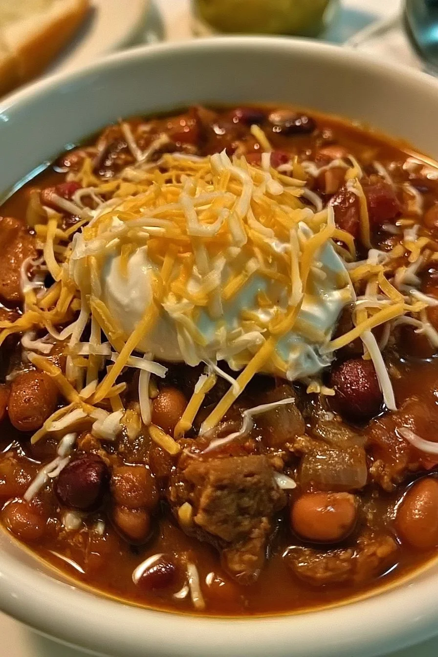 Bowl of Jamie Deen's award-winning chili recipe topped with fresh herbs