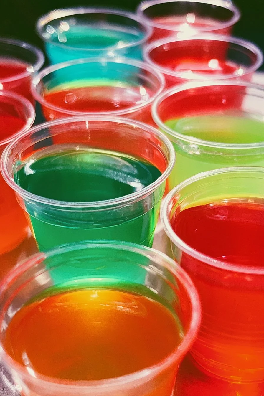 Home 33 Colorful jello shots in clear cups, perfect for parties and celebrations.