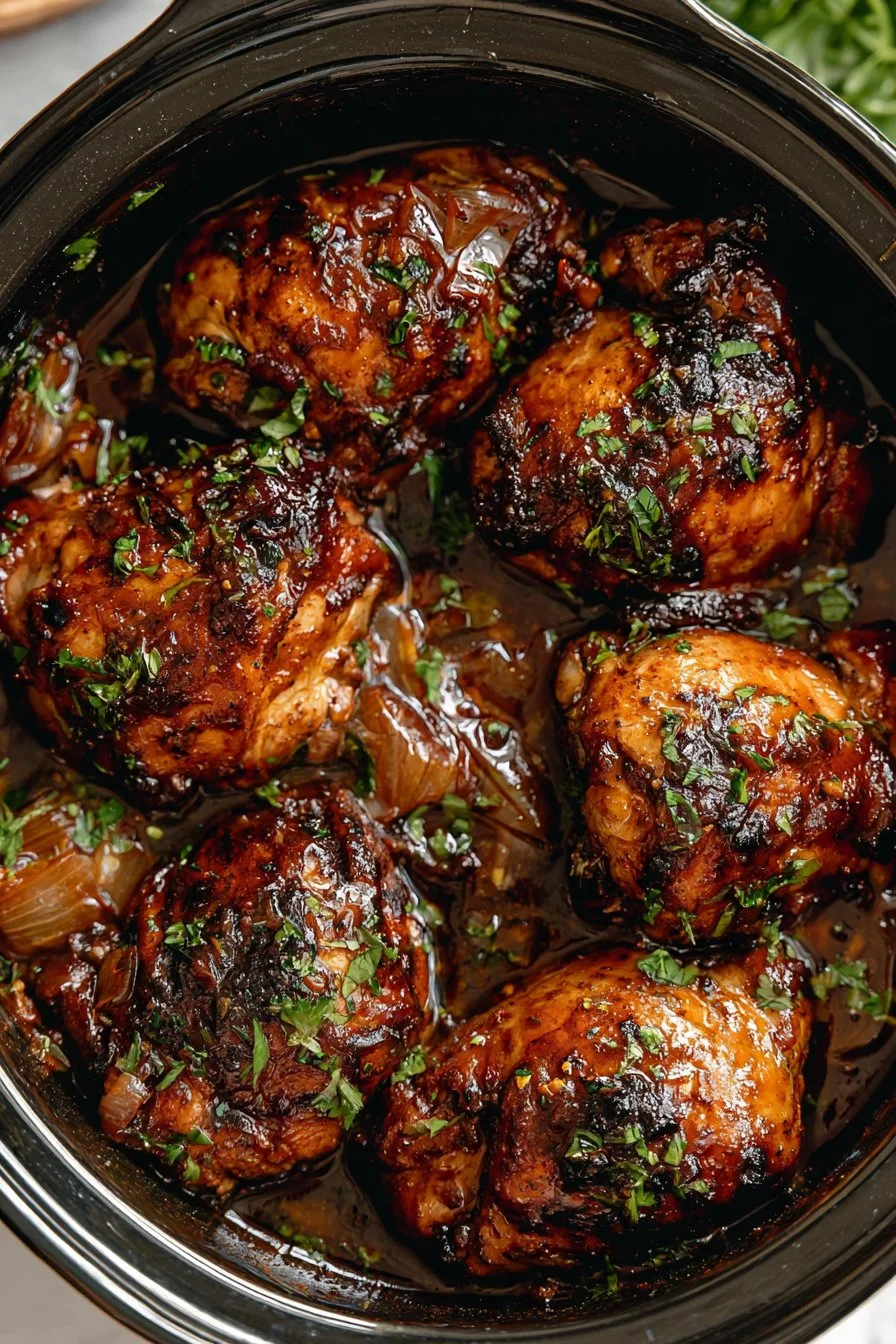 Delicious jerk chicken cooked in a crockpot with spices and herbs