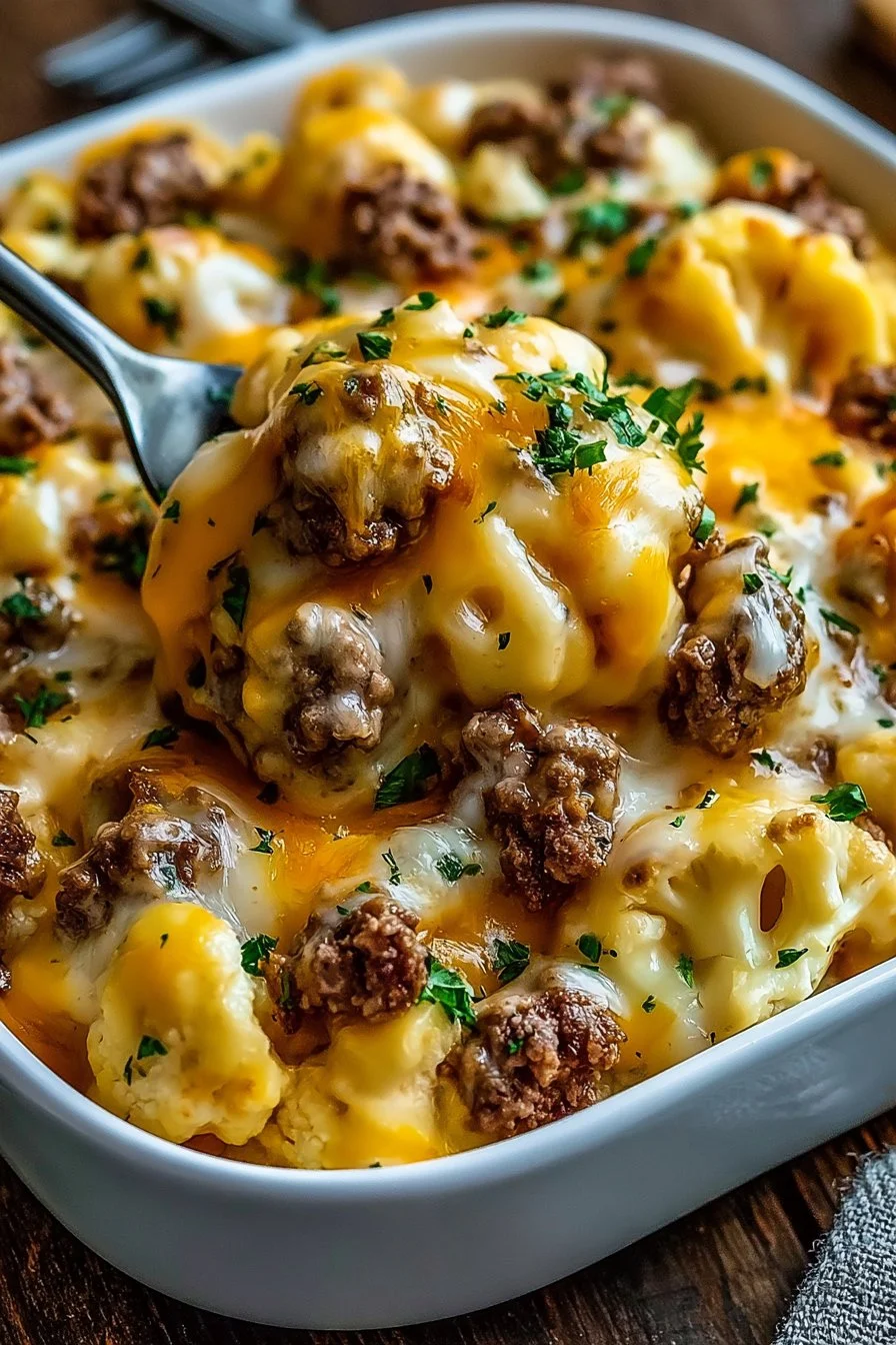 Delicious Keto Cheeseburger Cauliflower Mac topped with cheese and bacon