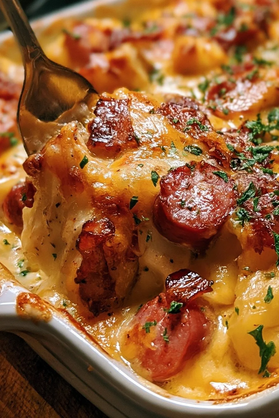 Delicious kielbasa sausage cheesy potato casserole in a baking dish