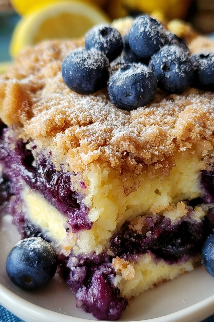 Lemon Blueberry Cheesecake Dump Cake served on a plate