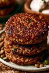 Delicious high-protein Lentil Quinoa Patties served with fresh vegetables