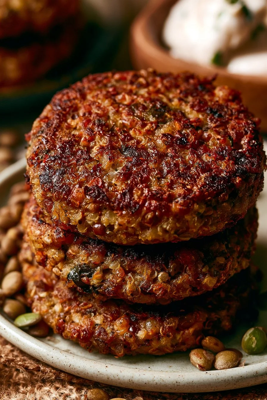 Delicious high-protein Lentil Quinoa Patties served with fresh vegetables