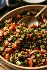Colorful Lentil Tabbouleh Salad with herbs and vegetables in a bowl
