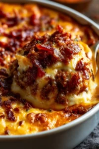 Low-carb bacon cheeseburger casserole topped with melted cheese and crispy bacon