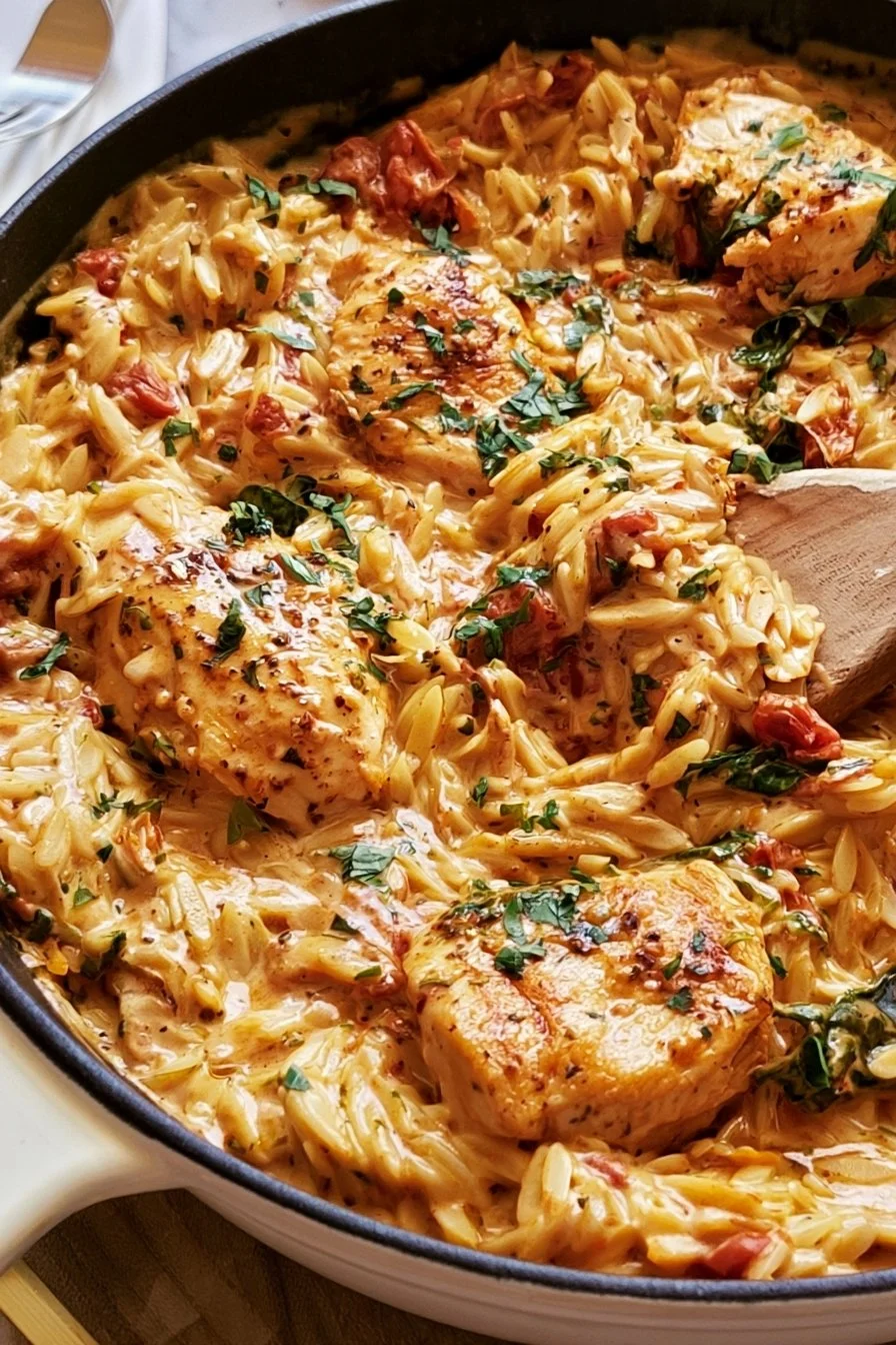 One pan Marry Me Chicken Orzo recipe with fresh ingredients and vibrant presentation.