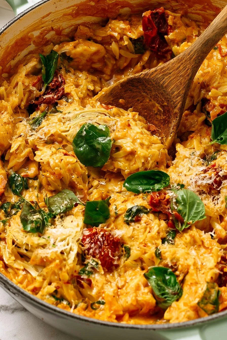 One pot Marry Me Chicken Orzo dish garnished and ready to serve