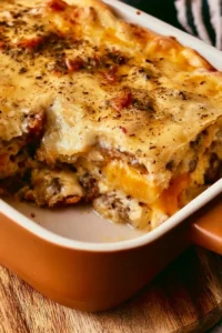 Delicious McGriddle Casserole with pancakes and breakfast toppings