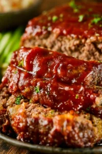Homemade meatloaf served with mashed potatoes and green beans