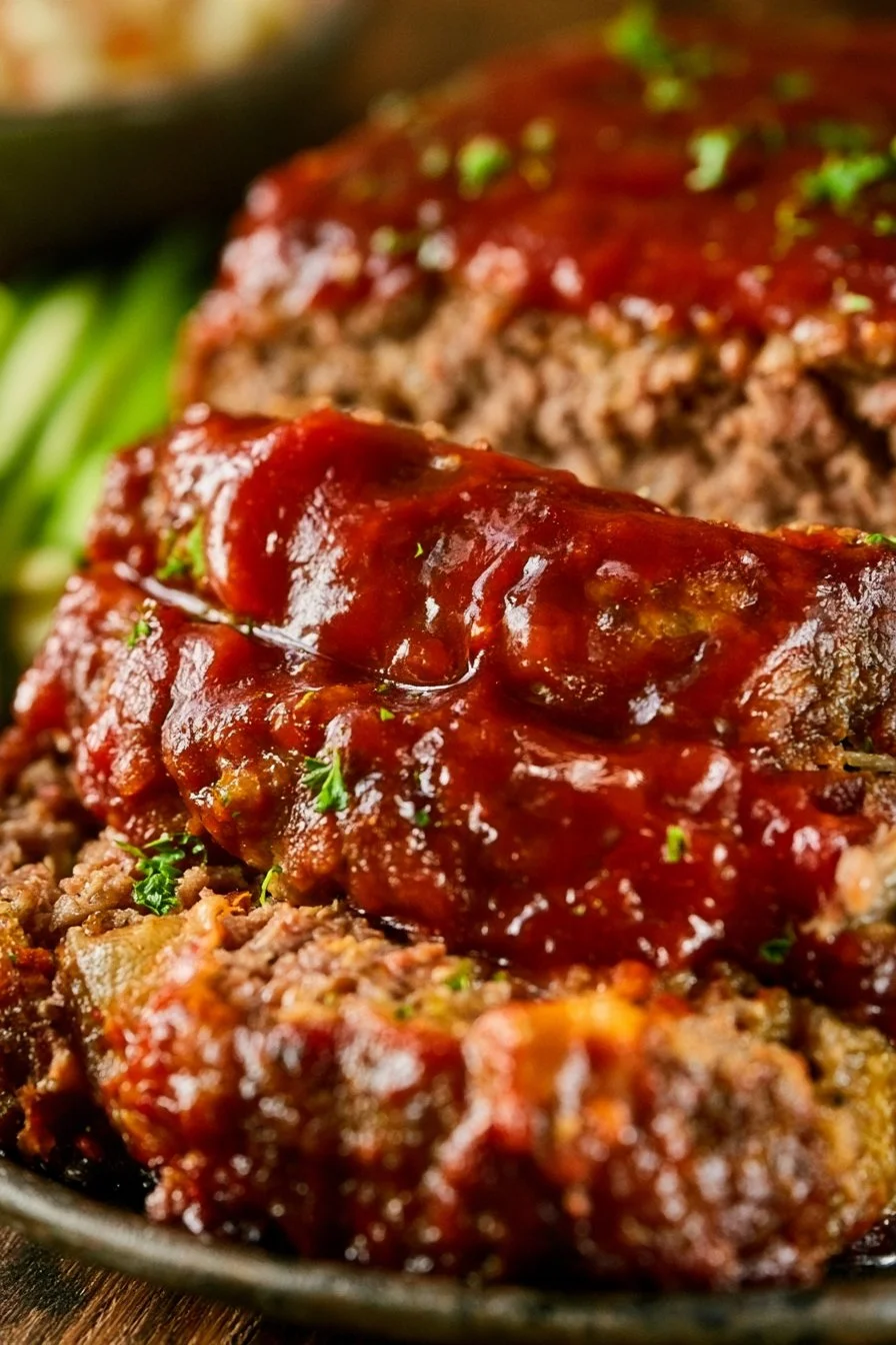 Homemade meatloaf served with mashed potatoes and green beans