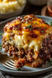 Delicious meatloaf served with creamy mashed potatoes and melted cheese