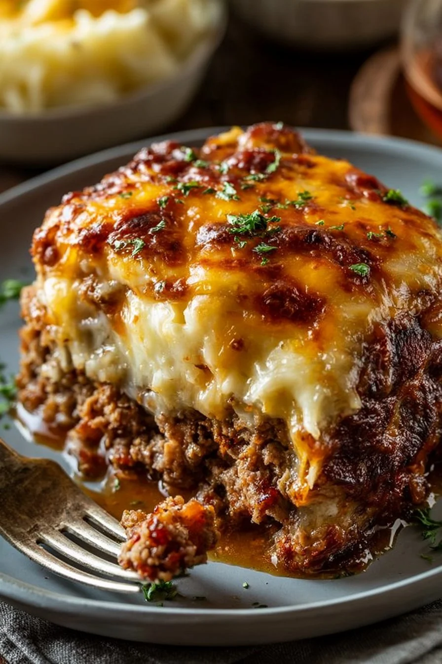 Delicious meatloaf served with creamy mashed potatoes and melted cheese