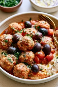 Plate of flavorful Mediterranean Chicken Meatballs with herbs and spices.
