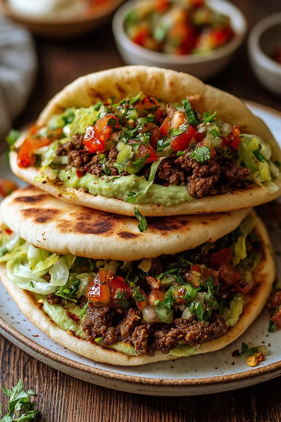 Mediterranean ground beef pita pockets filled with fresh ingredients