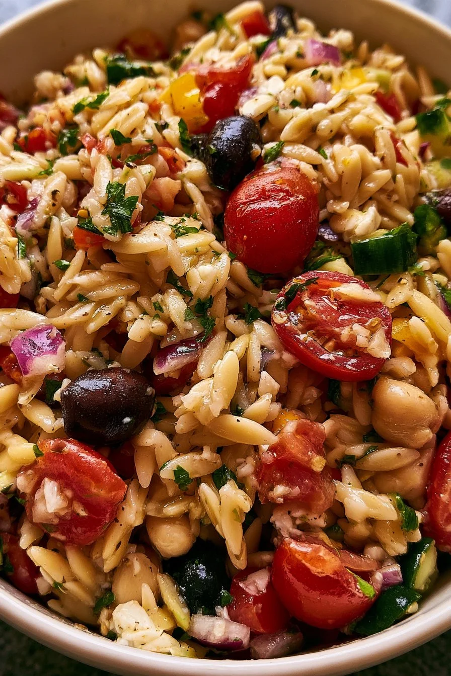 Mediterranean Orzo Salad with vegetables and herbs in a bowl