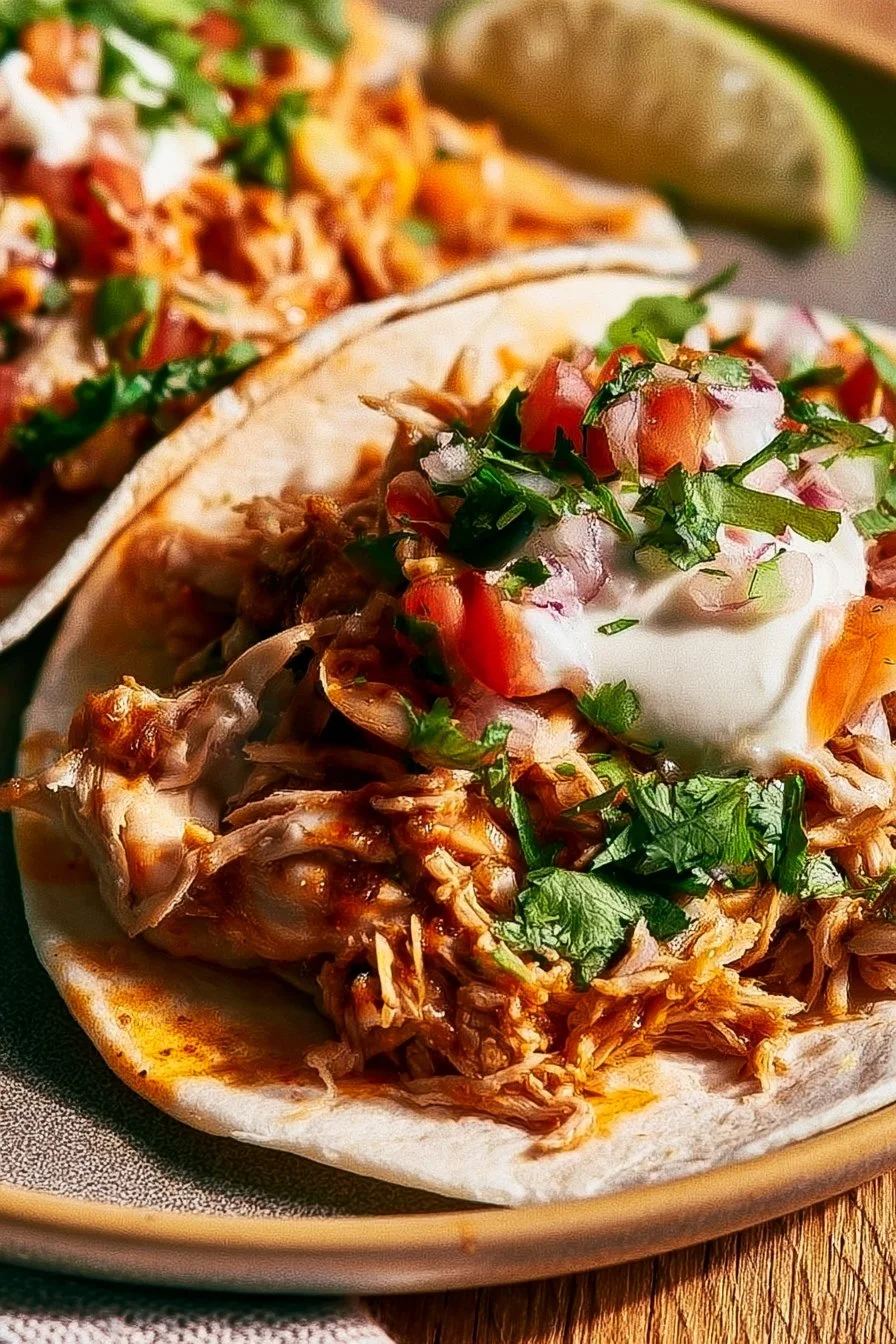 Delicious Mexican Pulled Chicken served in tacos with fresh toppings