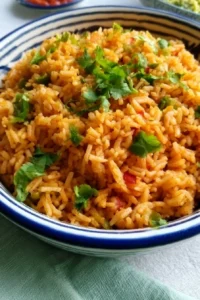Delicious homemade Mexican Rice served in a bowl with spices and veggies