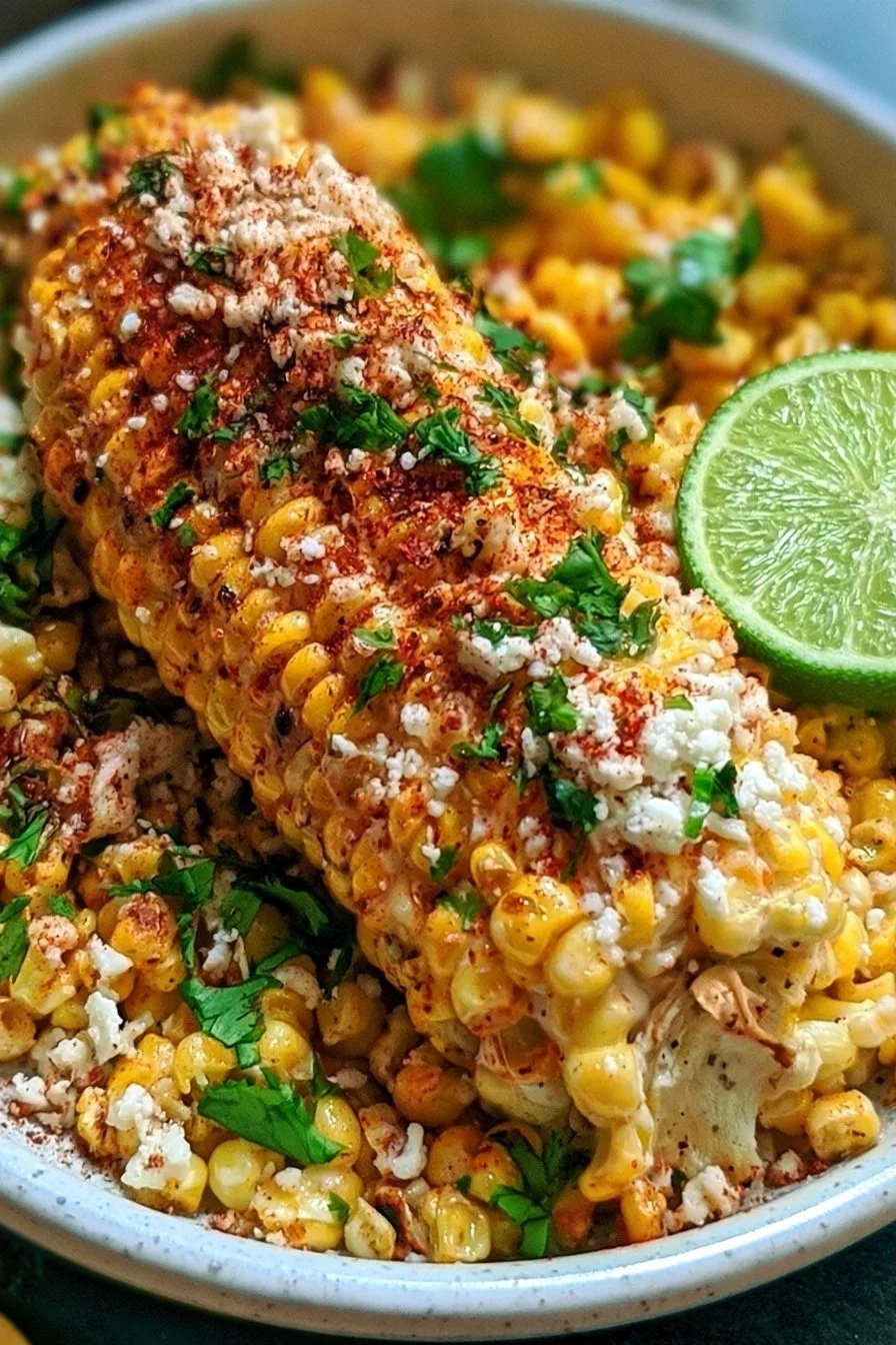 Delicious Mexican street corn topped with cheese and spices.