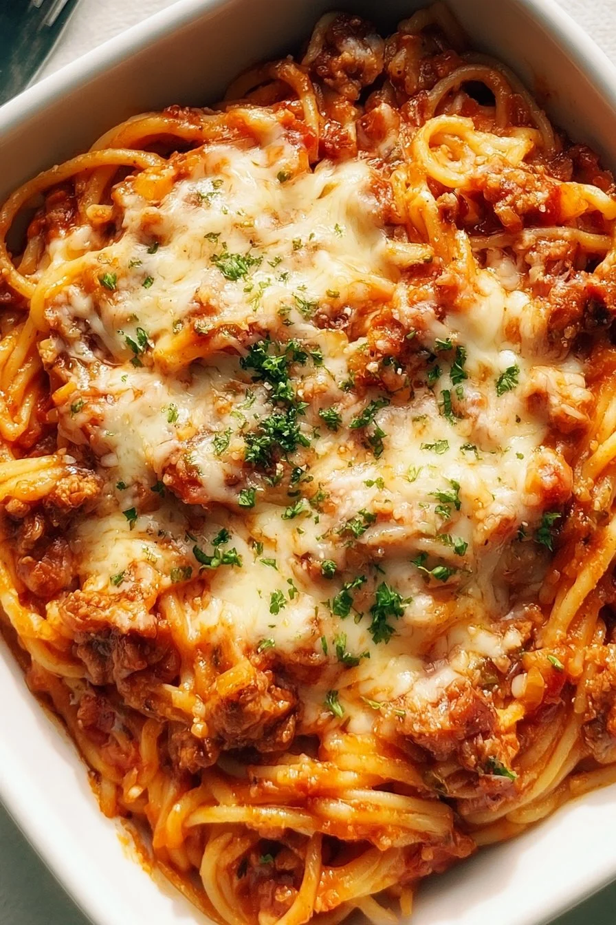 A delicious serving of Million Dollar Spaghetti topped with cheese and herbs.