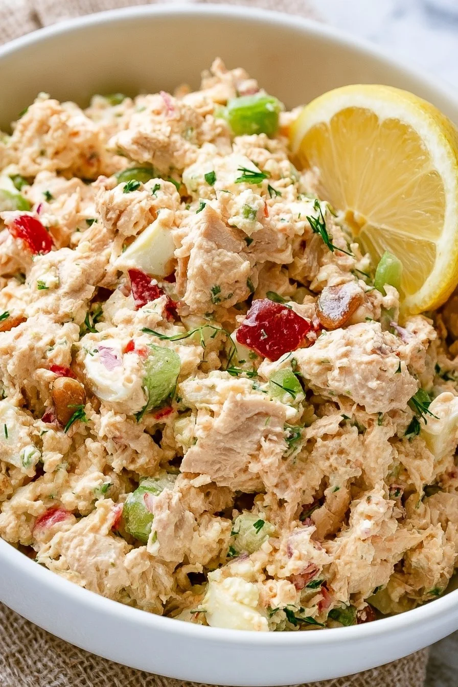 High protein chicken salad with cottage cheese served in a bowl