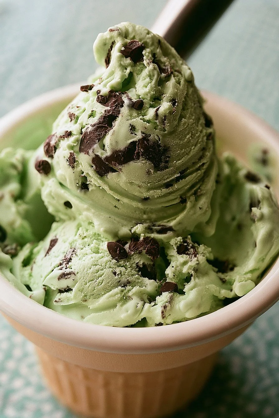 Churned Mint Chocolate Chip Ice Cream without Eggs 1 Delicious mint chocolate chip ice cream in a bowl with chocolate chips and mint leaves