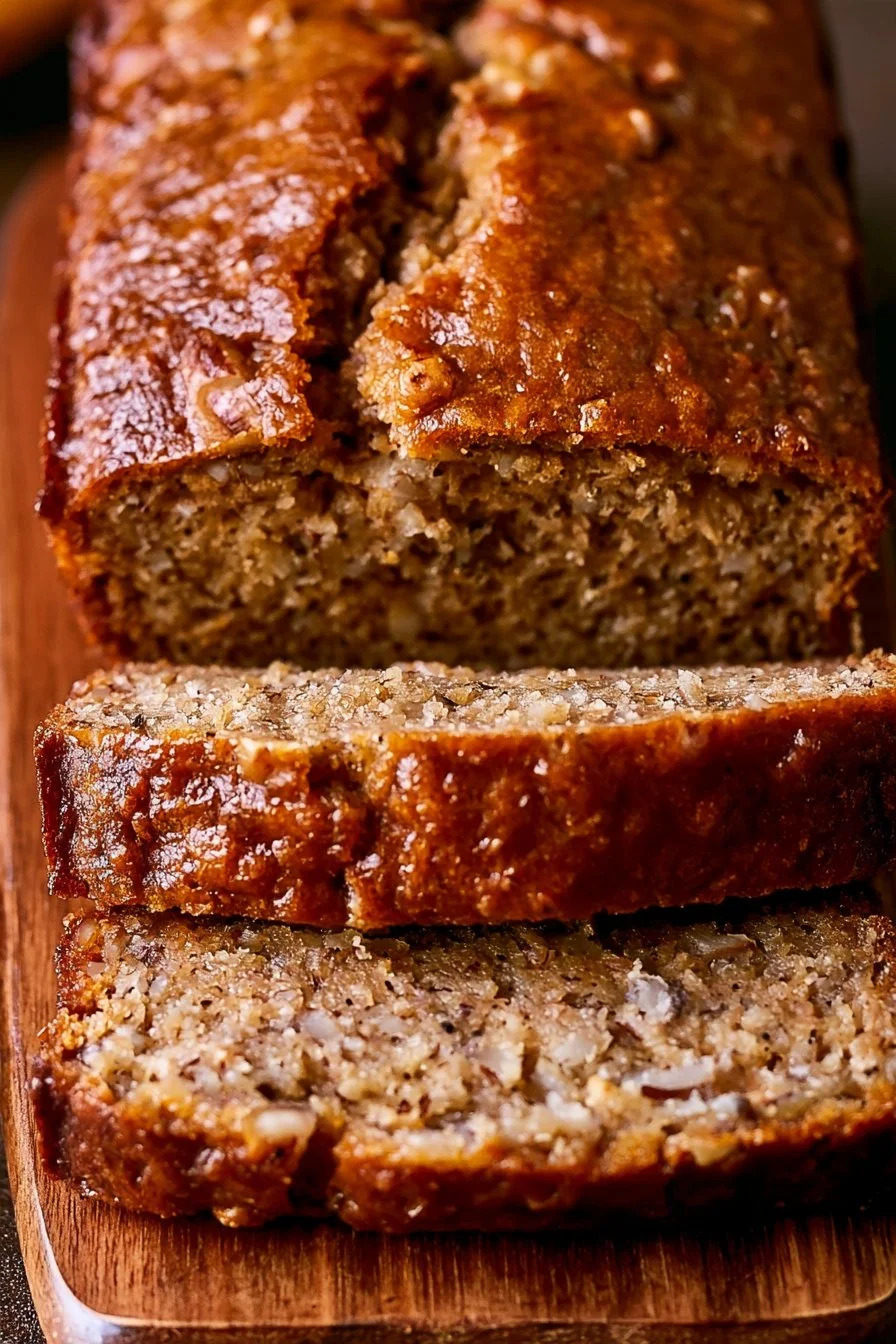 Delicious moist banana bread slices on a wooden table