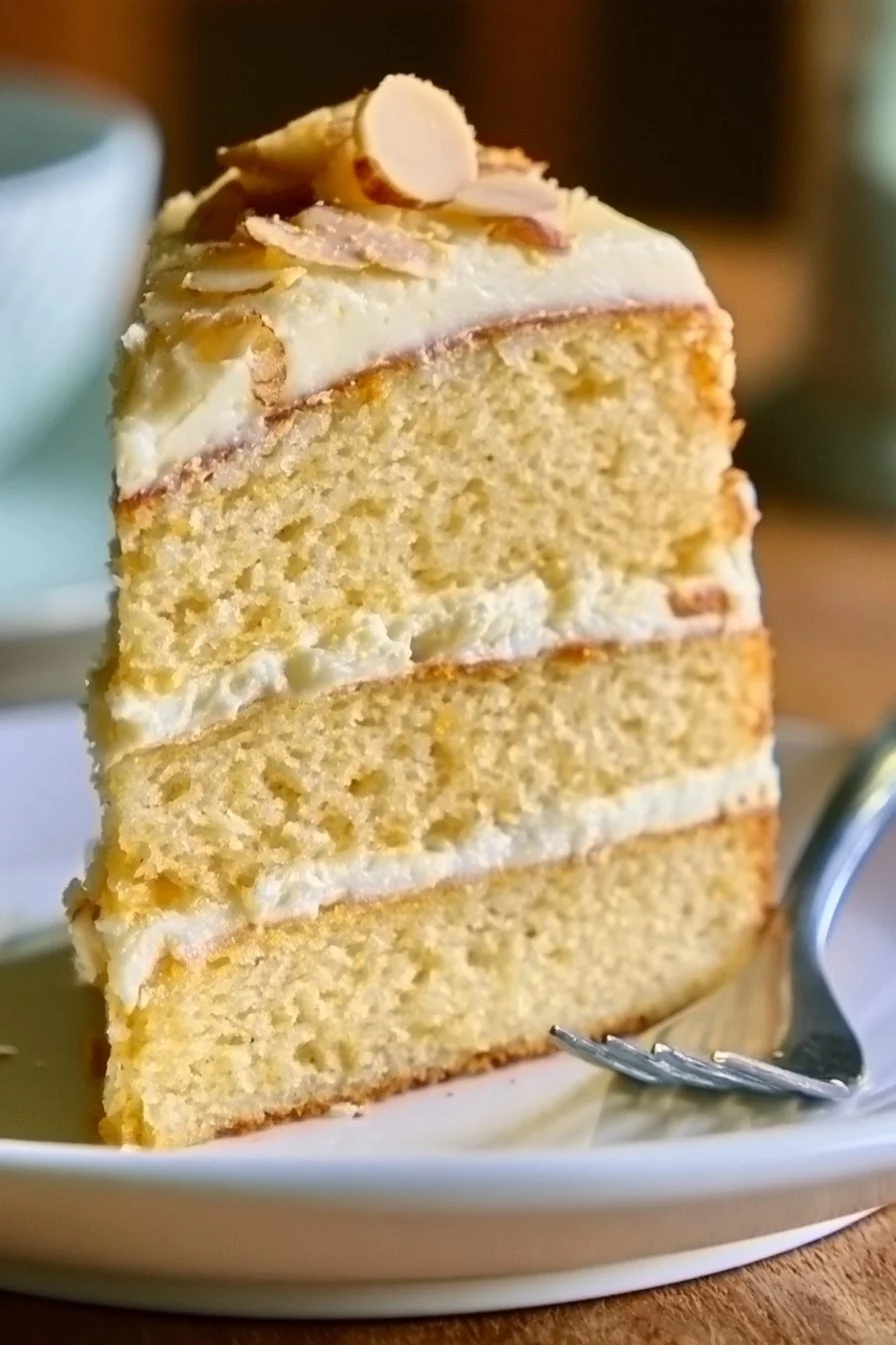 Moist vanilla almond cake topped with sliced almonds and frosting