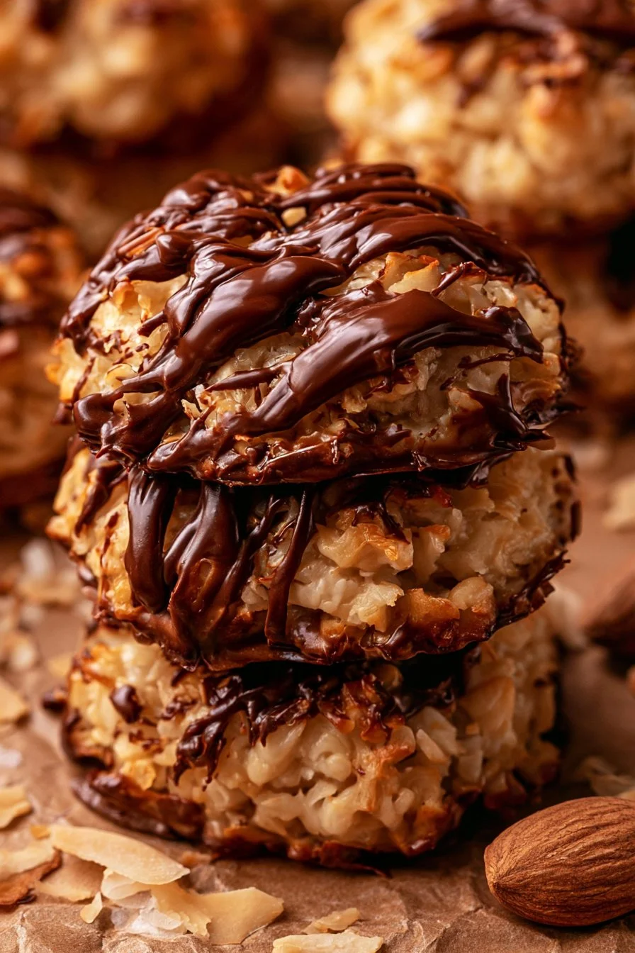 No bake Samoa cookies topped with caramel and toasted coconut