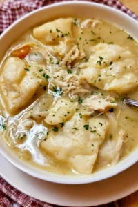 Bowl of old-fashioned chicken and dumplings with herbs and spices.