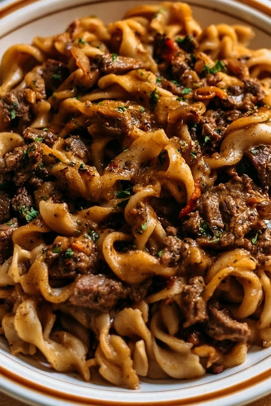 One-Pan Beef & Noodles dish served in a bowl, showcasing tender beef and pasta.