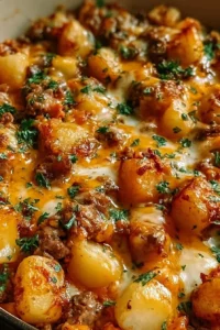 One-pan cheesy meat and potato skillet dish with melted cheese and savory meat