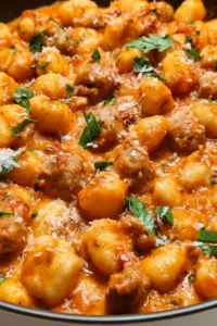 One Pan Italian Sausage Gnocchi dish garnished with herbs