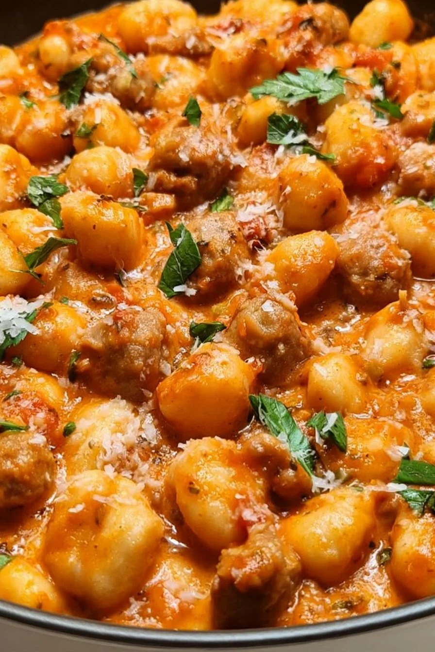 One Pan Italian Sausage Gnocchi dish garnished with herbs