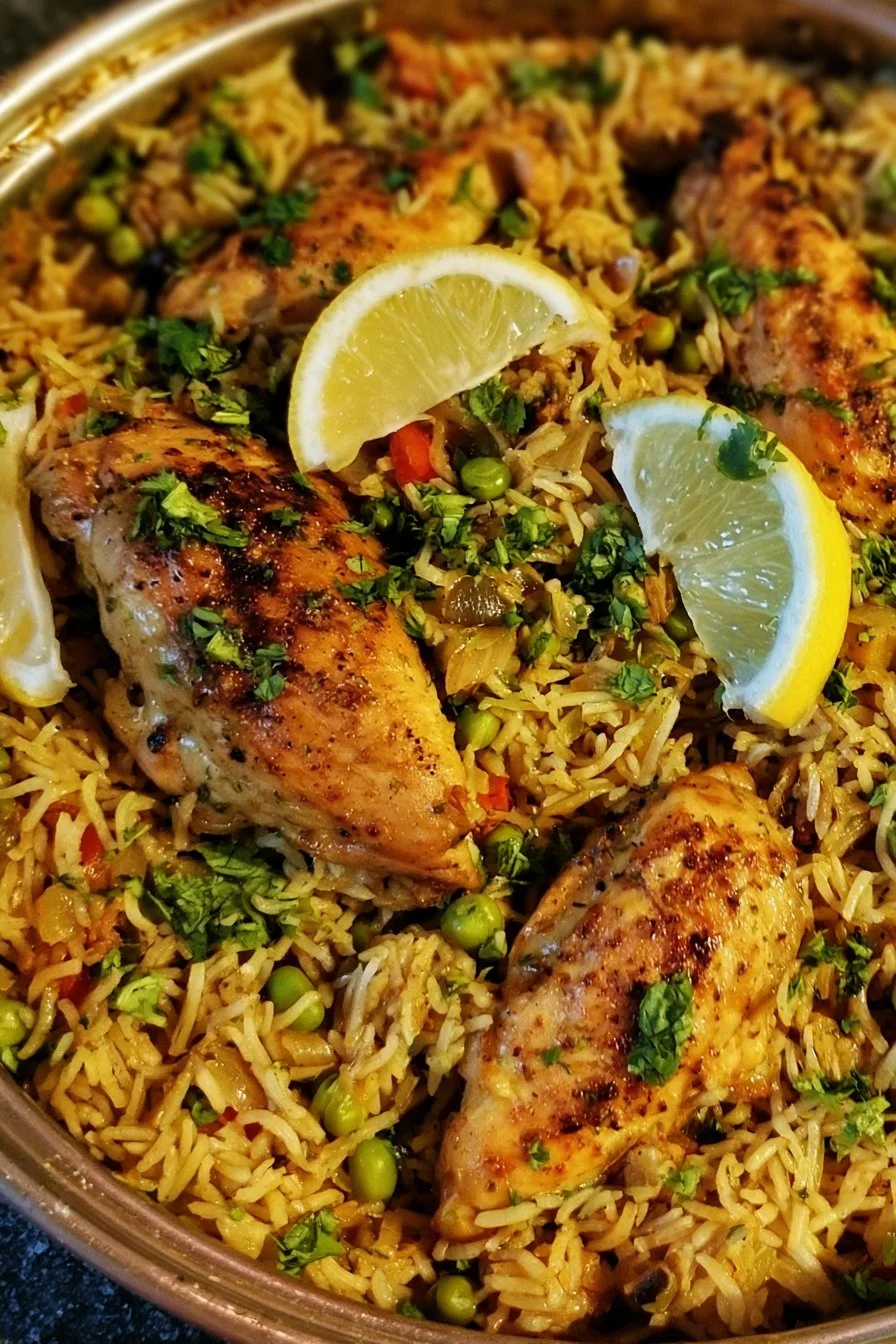 One Pan Mediterranean Chicken and Rice dish with colorful ingredients