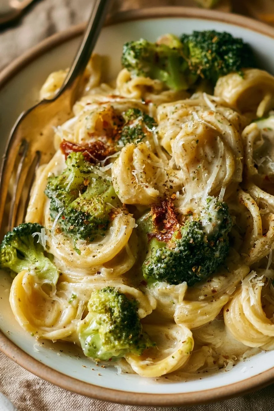 Delicious one pot broccoli pasta with vibrant green broccoli and pasta on a plate