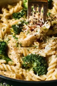 One pot chicken and broccoli pasta served in a bowl