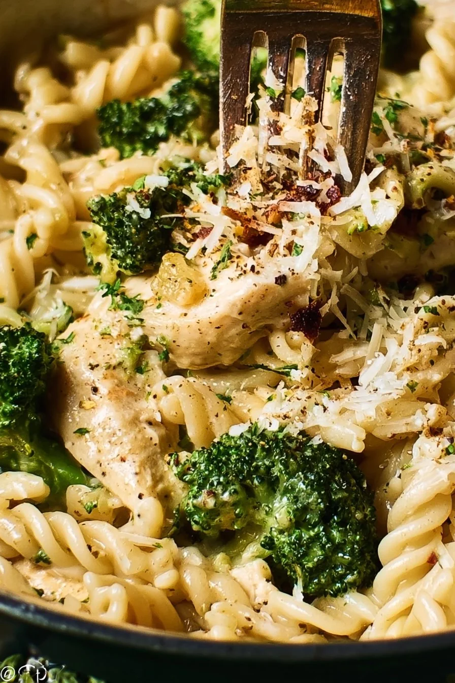 One pot chicken and broccoli pasta served in a bowl