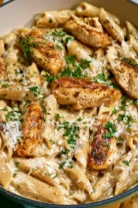 One Pot Creamy Parmesan Chicken Pasta garnished with herbs