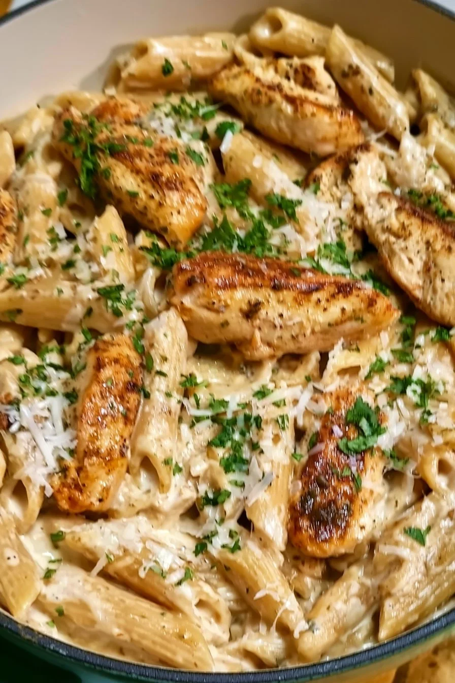Parmesan Chicken Penne with a Creamy Garlic Broth Sauce 1 One Pot Creamy Parmesan Chicken Pasta garnished with herbs