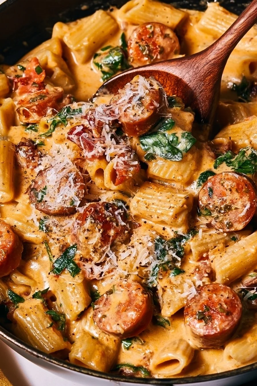 One-Pot Creamy Sausage Pasta dish with fresh herbs and cheese
