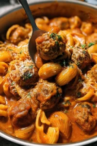 One Pot Meatball Pasta served in a bowl with fresh herbs