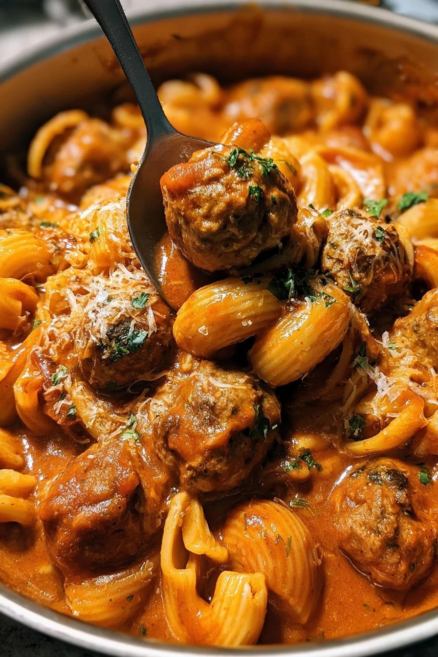 One Pot Meatball Pasta served in a bowl with fresh herbs