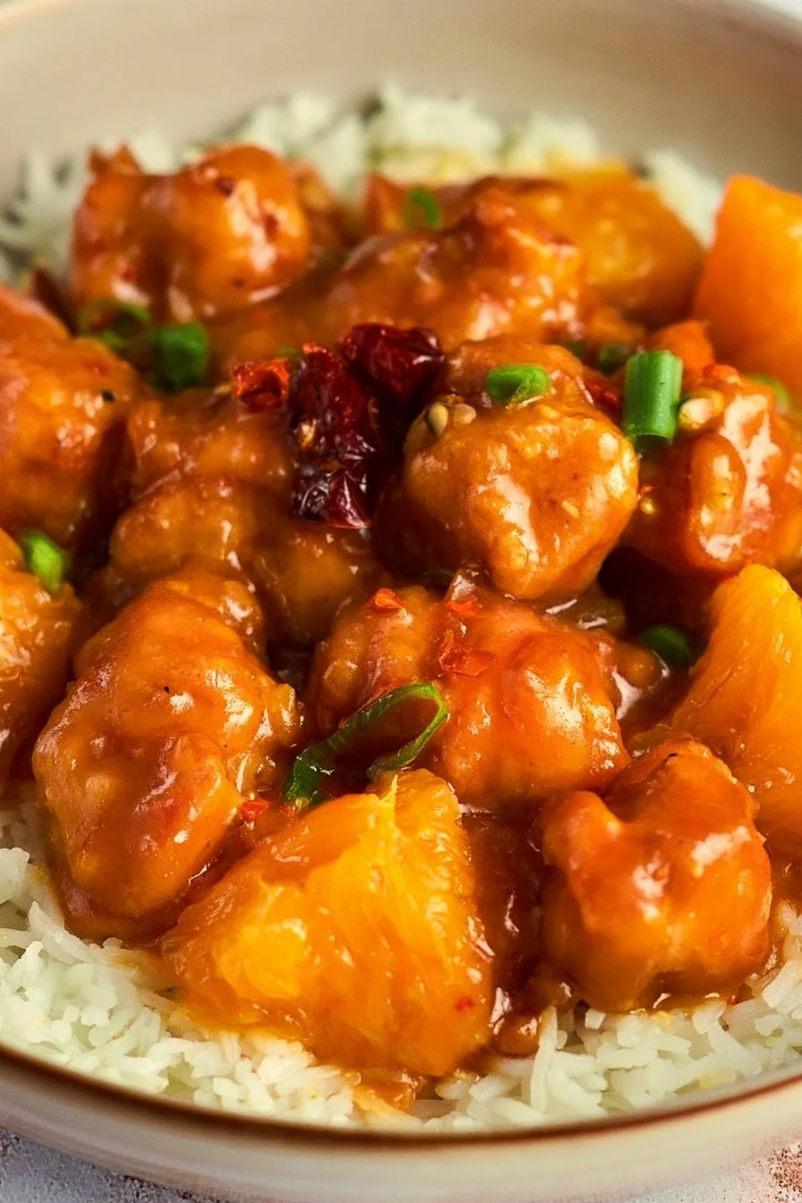 Delicious plate of Orange Chicken with vibrant orange sauce and garnishes