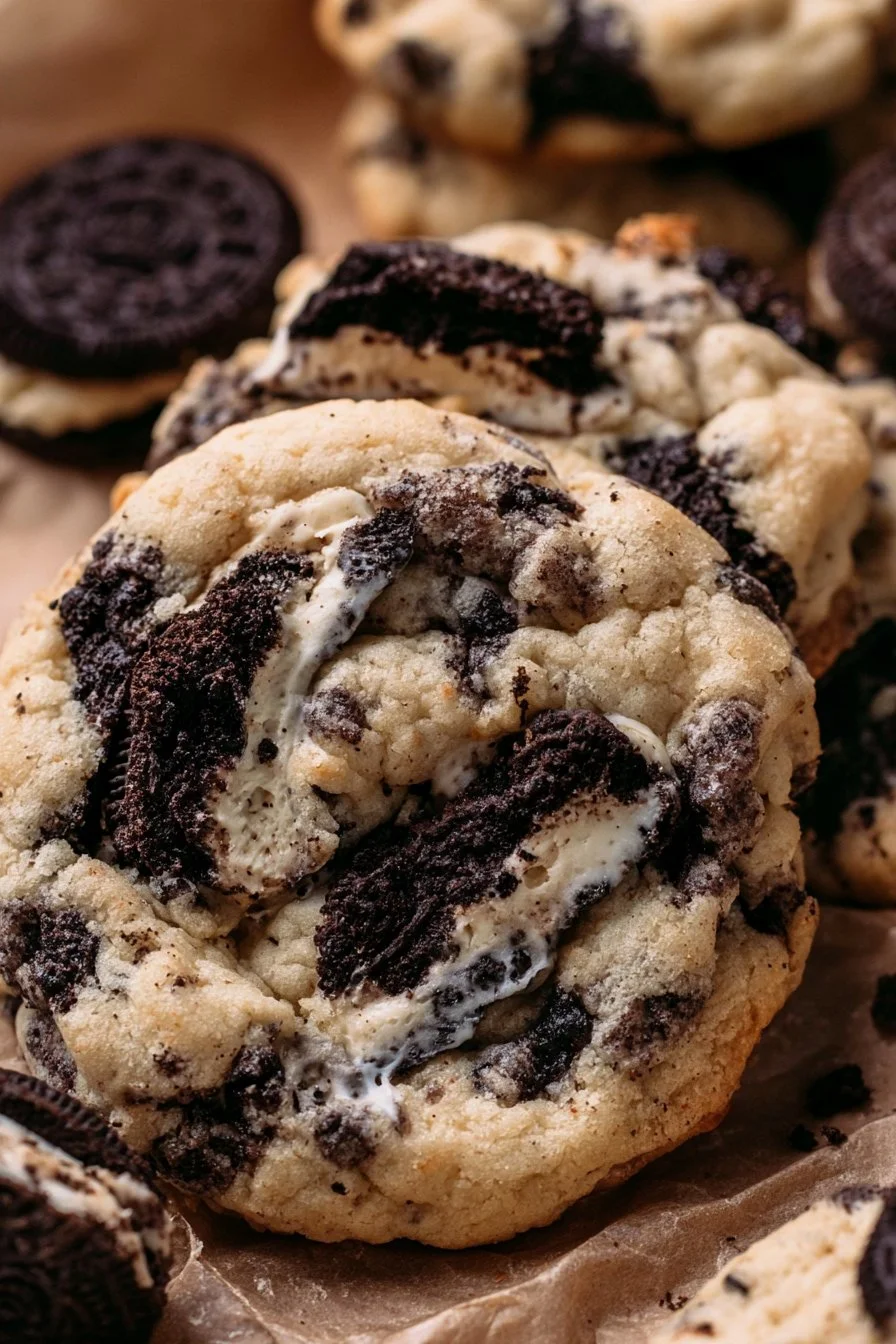 Delicious Oreo Cheesecake Cookies stacked on a plate